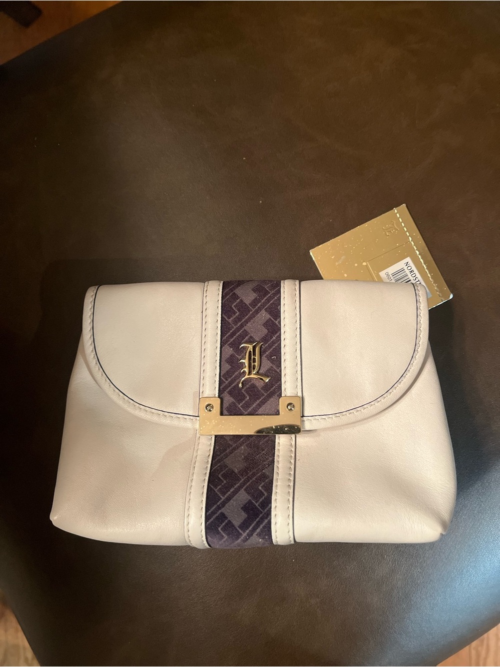 L.A.M.B. Cream Leather Clutch with Purple Center Stripe